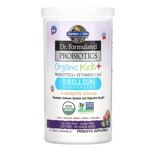 Dr. Formulated Probiotics, Organic Kids +, Tasty Organic Berry Cherry, 30 Yummy Chewables